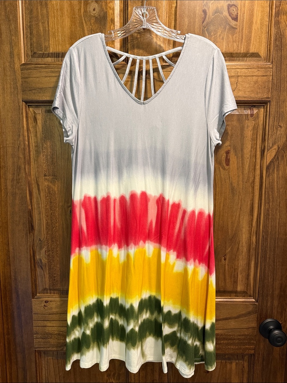 Women’s Short Sleeve Tie-Dye V-Neck Dress in Gray, Pink, Yellow, Green